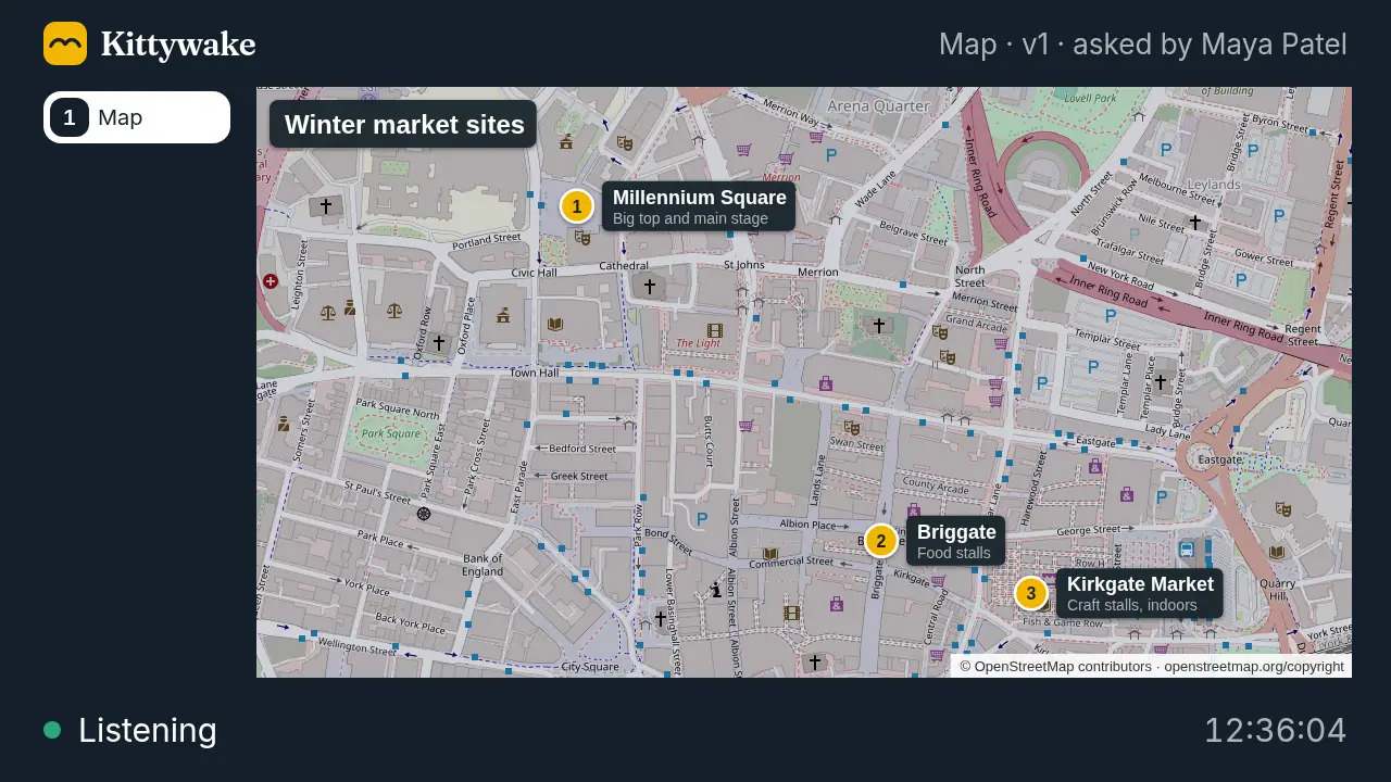 Kitty's screen in the call, showing a map of the winter market's stall sites in Leeds.