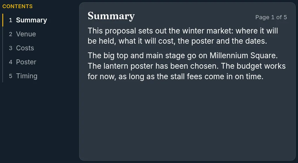 The first page of a proposal for the winter market that Kitty wrote in the call, beside its contents: summary, venue, costs, poster and timing.