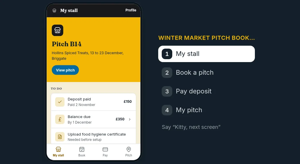 The stallholders' booking app made to look real, in colour with icons: its My stall screen shows the pitch, the deposit paid and the balance still due.