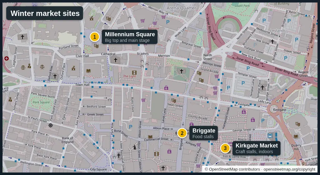 A map of Leeds city centre with three numbered pins: Millennium Square for the big top, Briggate for food stalls and Kirkgate Market for craft stalls.